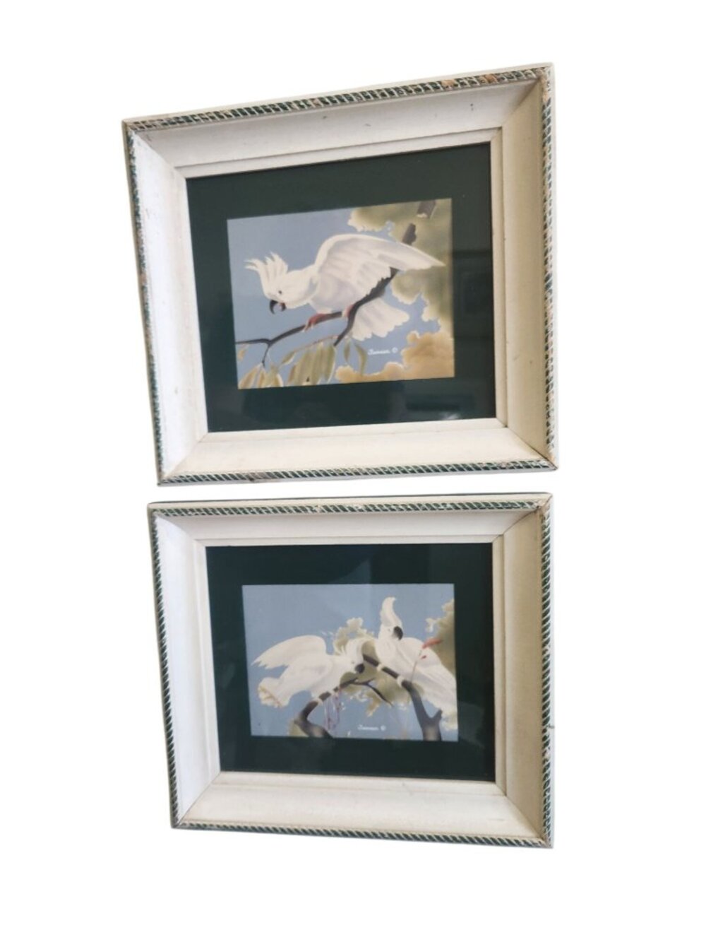 Set of 2 Vintage Turner Pictures Pair of White Cockatoo Birds In Distressed Whit